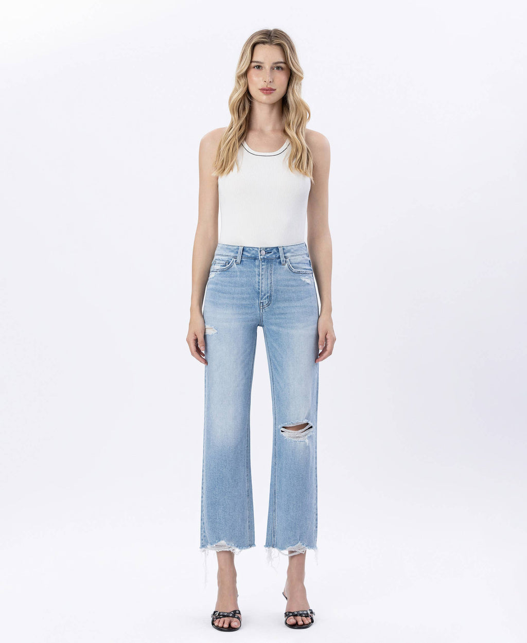 HIGH RISE DISTRESSED CROP SLIM WIDE JEANS