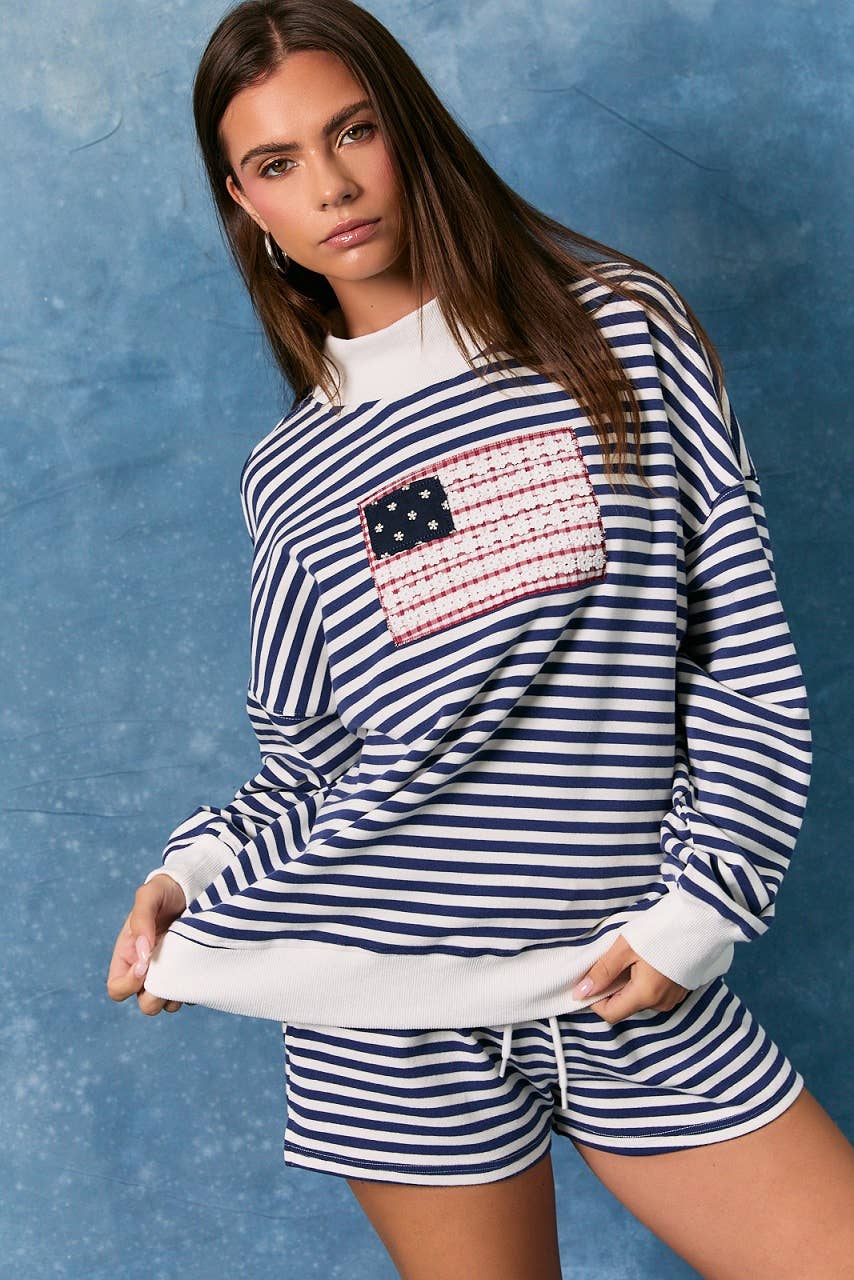 STRIPE MOCK NECK SWEATSHIRTS WITH "USA": NAVY-WHITE STRIPE / XS