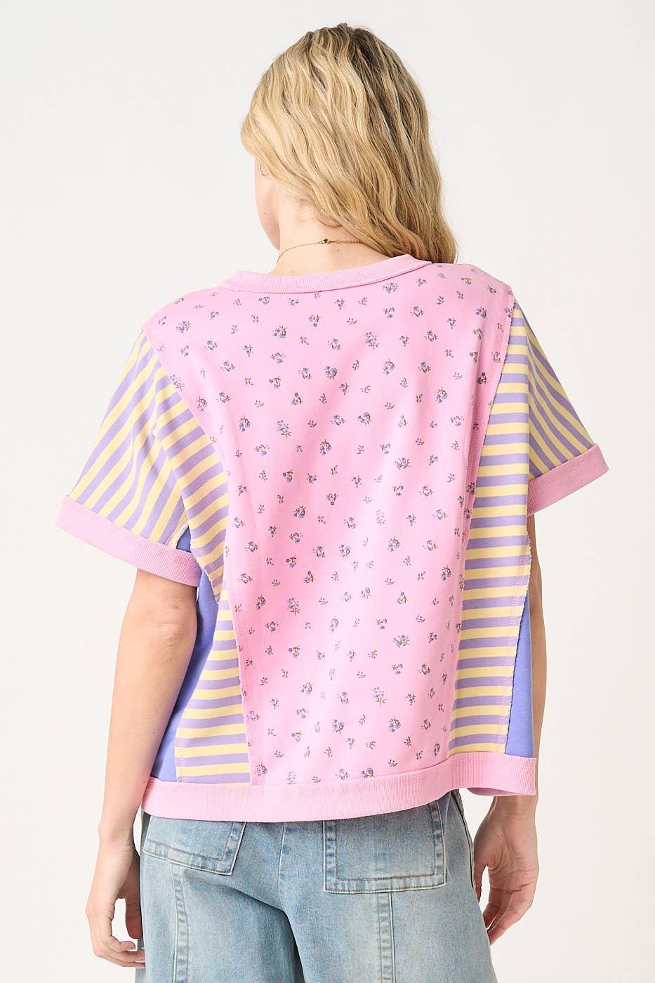 PATCHWORK COLOR BLOCK SHORT SLEEVE TOP: CREAM