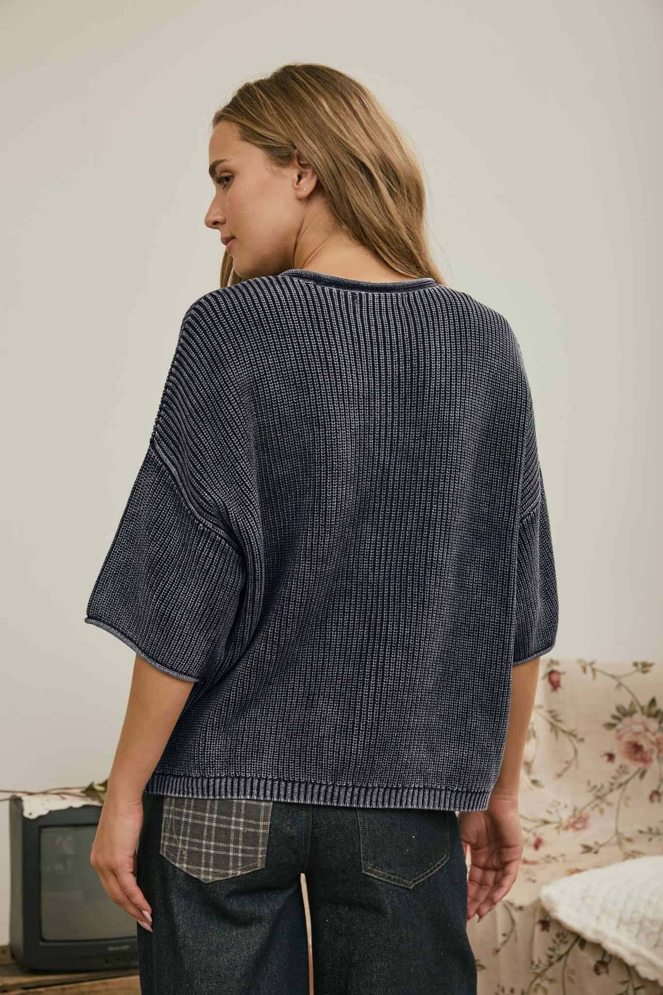 WASHED RIBBED SHORT SLEEVE ROLLED EDGE CARDIGAN