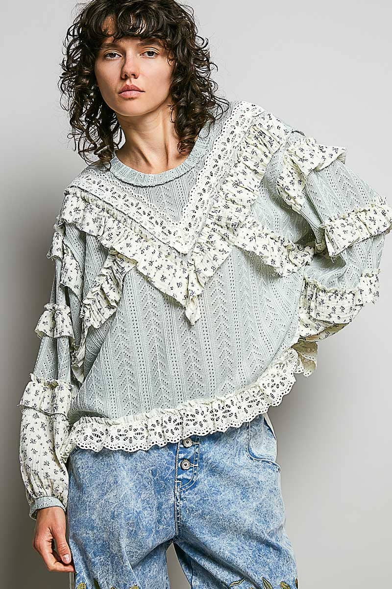Chevron Knit Lace Inset Ruffle Long Sleeve Top