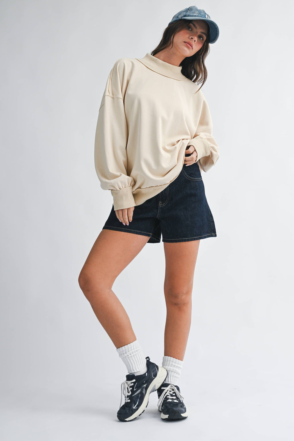 Oversized Mock Neck Washed Sweatshirt: Electric Pink