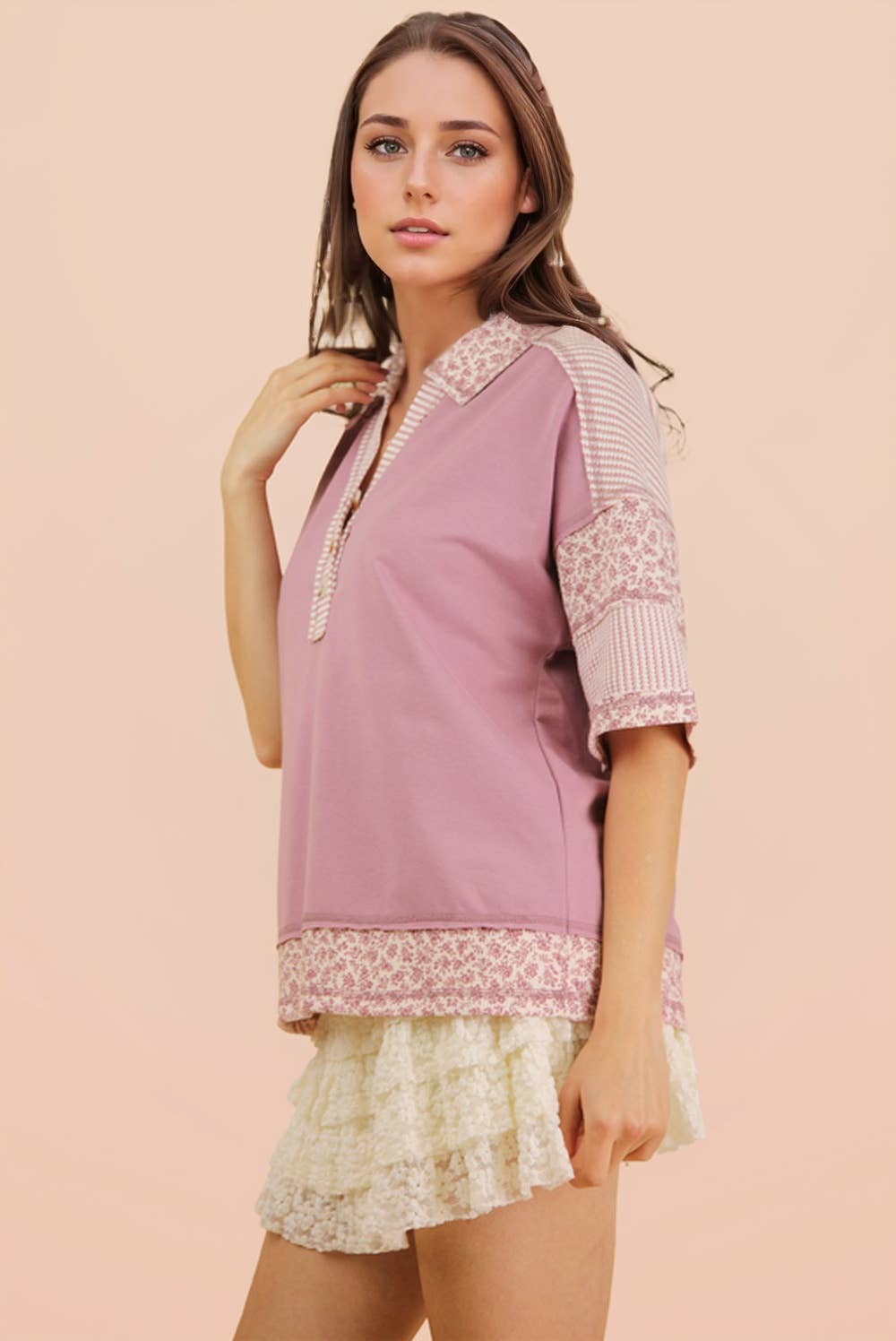 Oversized Half Button Down Collared Knit Top: SAGE