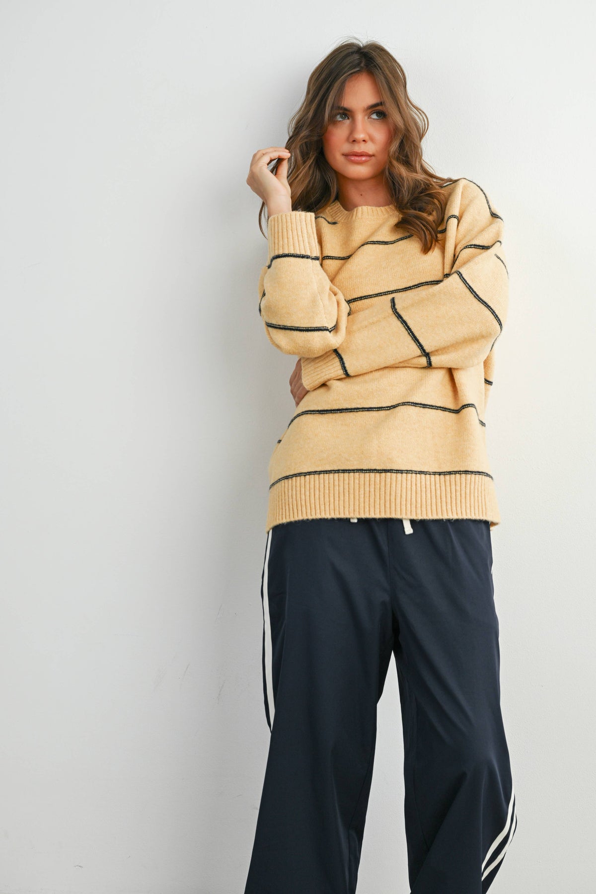 Striped Pattern Drop Shoulder Sweater - BMW7421: TAUPE MULTI / M