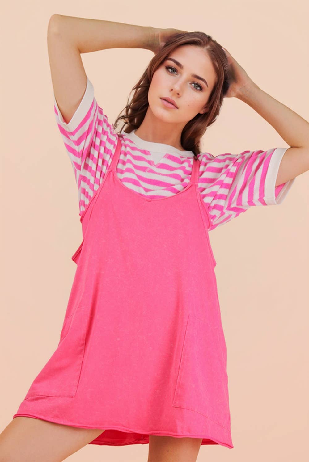 Mineral Washed Knit Mini Dress with Shorts Inside : HOT PINK