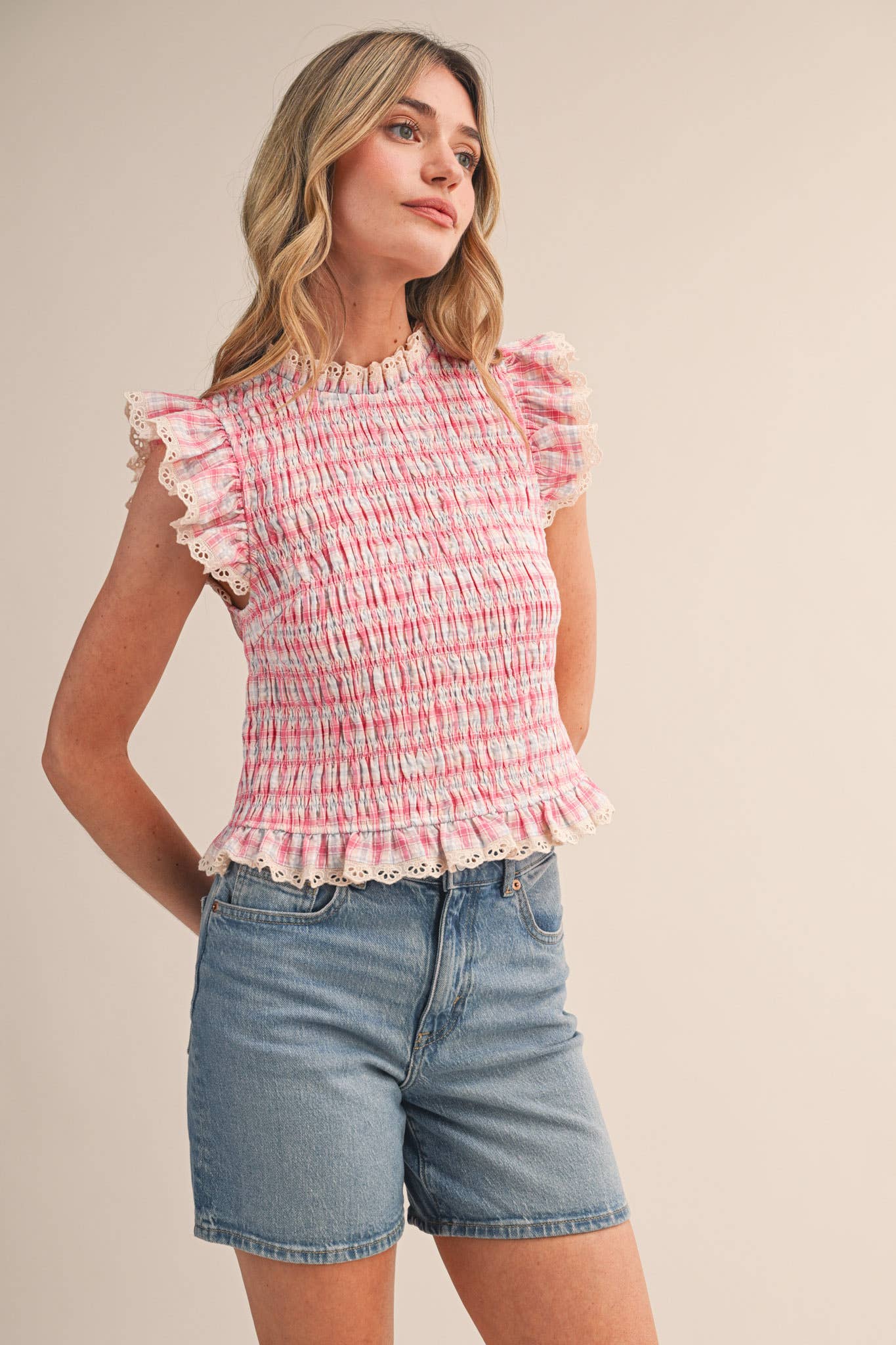 PLAID SMOCKED LACE TRIM TOP: BLUE MULTI CHECKER