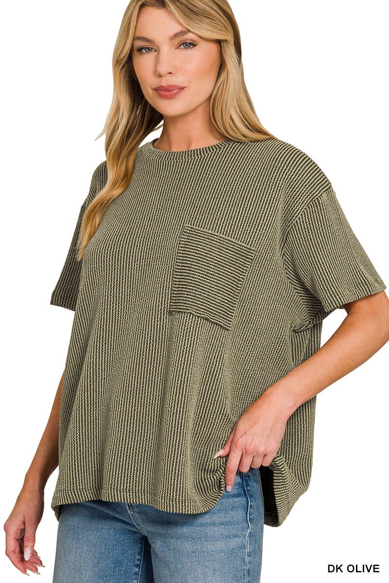 Corded Rib  Short Sleeve Front Pocket Top