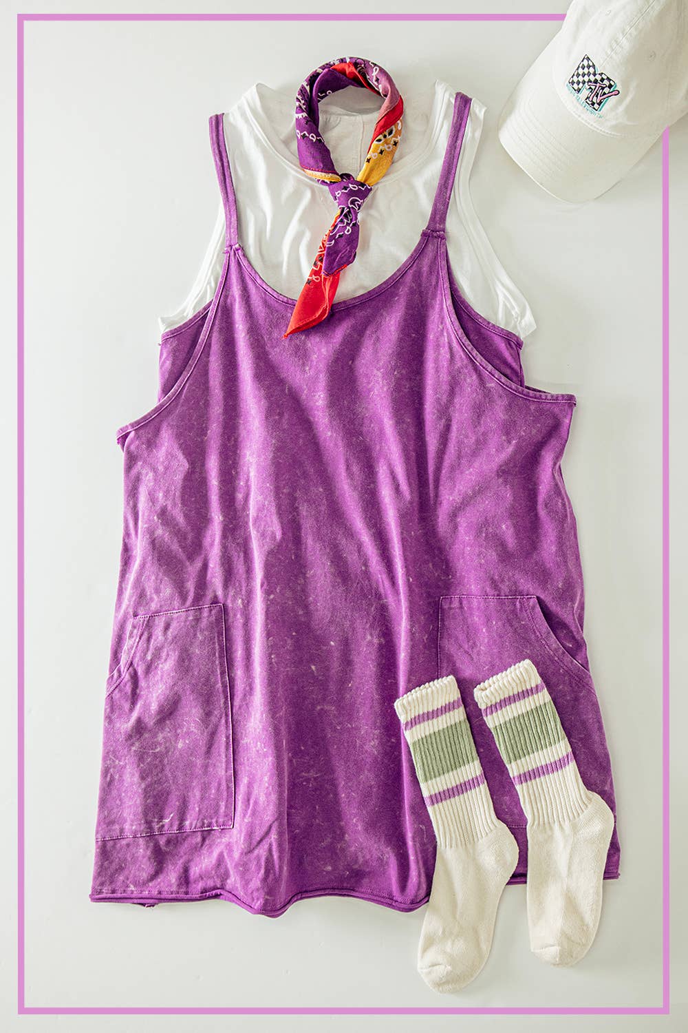 Mineral Washed Knit Mini Dress with Shorts Inside : HOT PINK