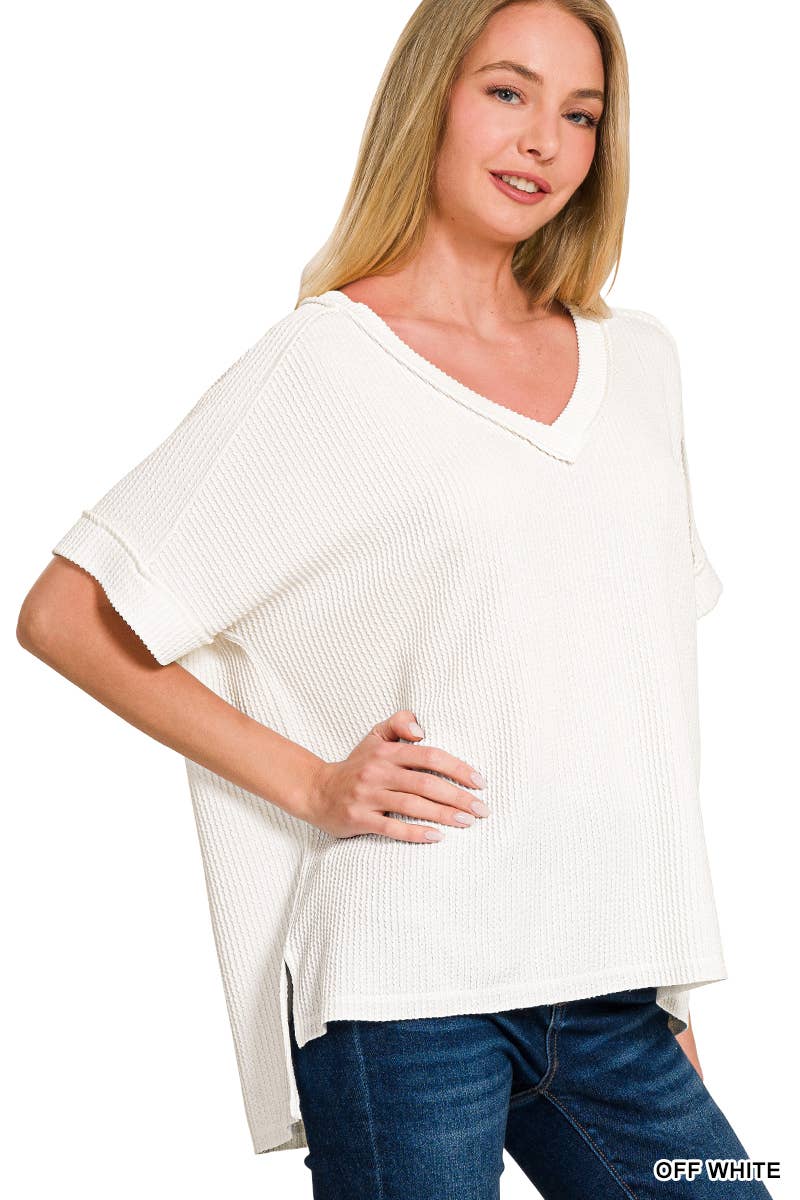 Corded Rib Short Sleeve Hi Low V Neck Top: BRIGHT BLUE