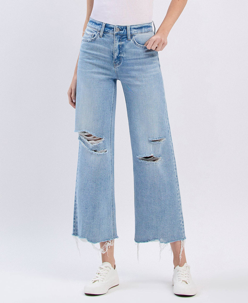 HIGH RISE DISTRESSED CROP WIDE JEANS