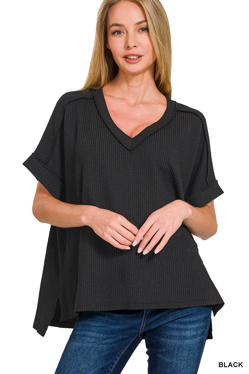 Corded Rib Short Sleeve Hi Low V Neck Top: BRIGHT BLUE