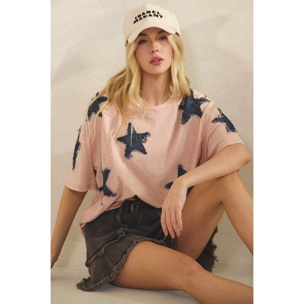 STARLIT DENIM APPLIQUE TEE DUSTY PINK