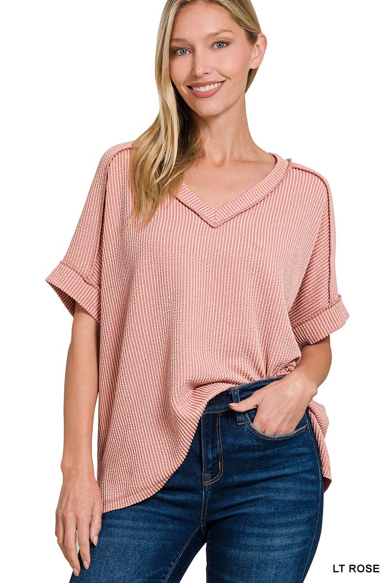 Corded Rib Short Sleeve Hi Low V Neck Top: BRIGHT BLUE