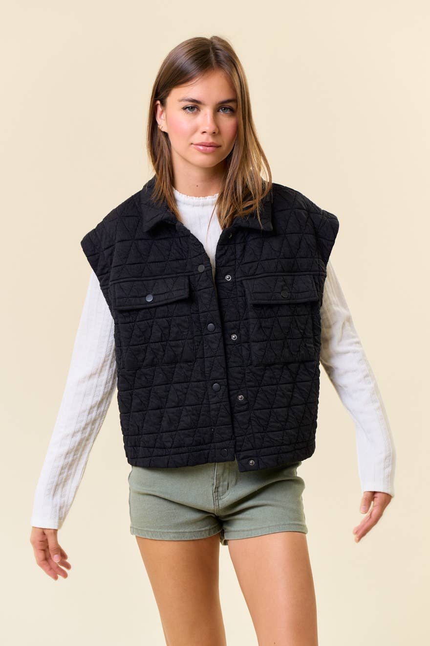 QUILTED POINT COLLAR FLAP PATCHED POCKET VEST