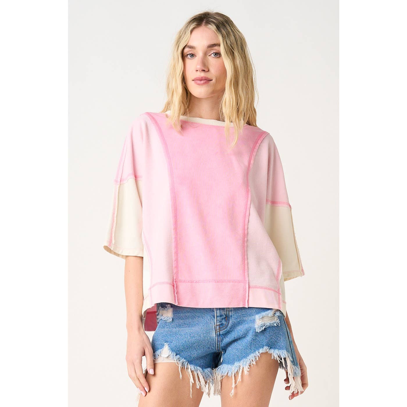 MINERAL WASH COLOR BLOCK RELAXED FIT SHORT SLEEVE TOP: SEAGLOW
