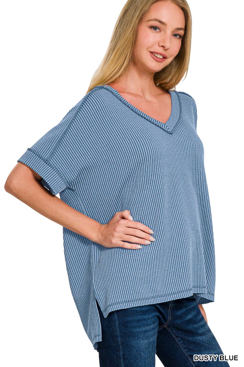 Corded Rib Short Sleeve Hi Low V Neck Top: BRIGHT BLUE