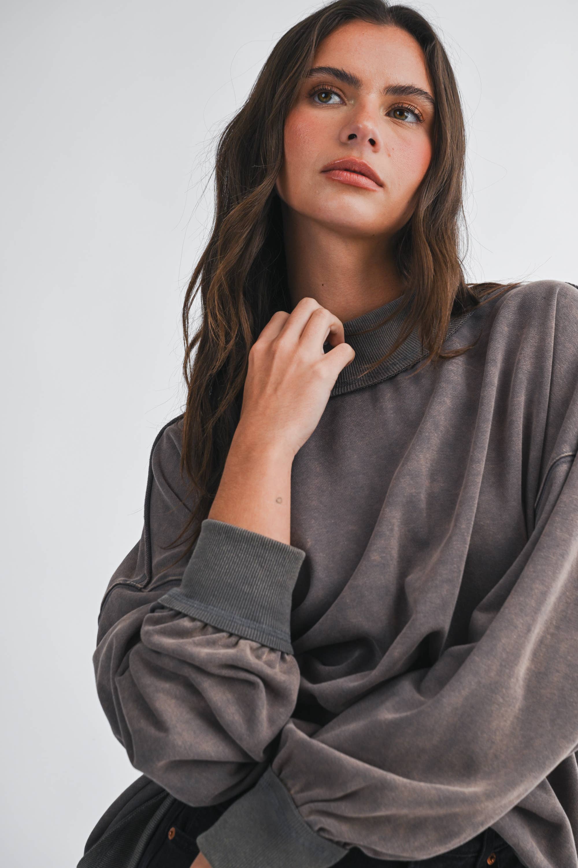 Oversized Mock Neck Washed Sweatshirt: Electric Pink