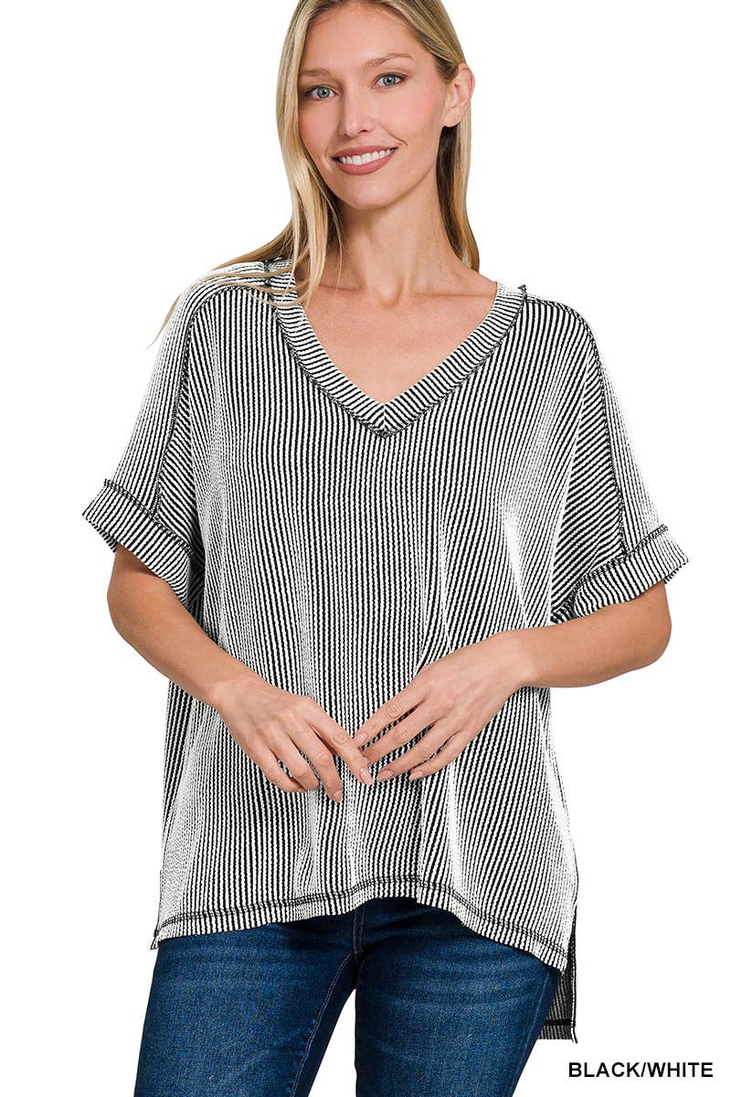 Corded Rib Short Sleeve Hi Low V Neck Top: BRIGHT BLUE