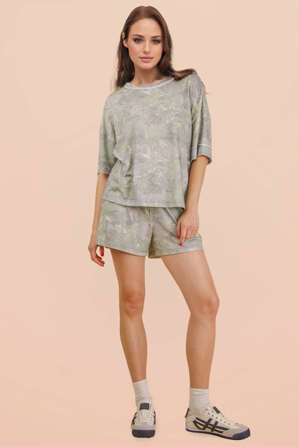 Camo Print Casual Knit Top & Shorts Set: OLIVE MIX