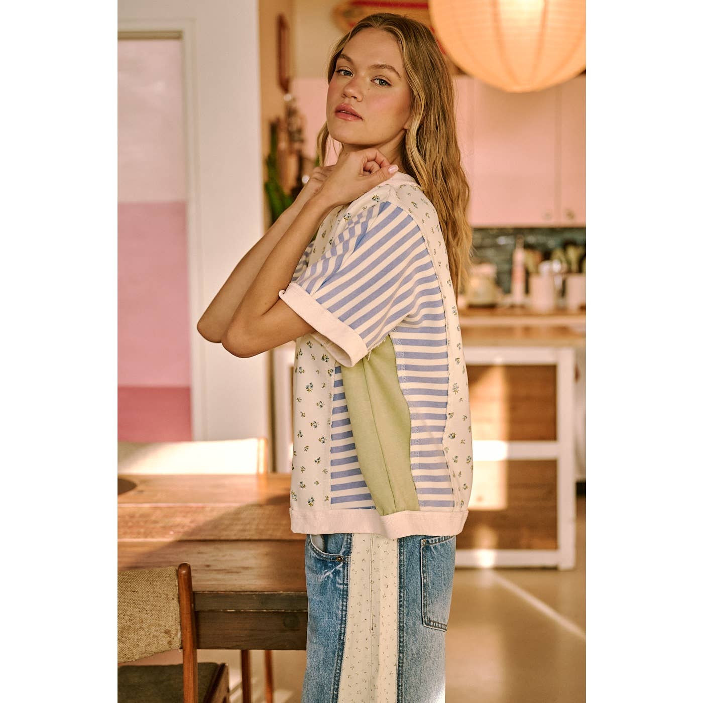 PATCHWORK COLOR BLOCK SHORT SLEEVE TOP: CREAM