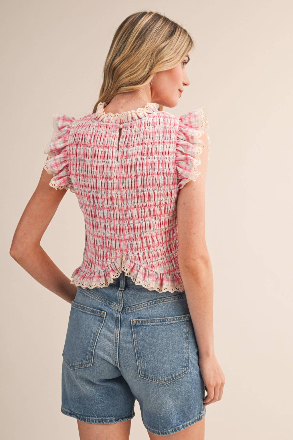 PLAID SMOCKED LACE TRIM TOP: BLUE MULTI CHECKER