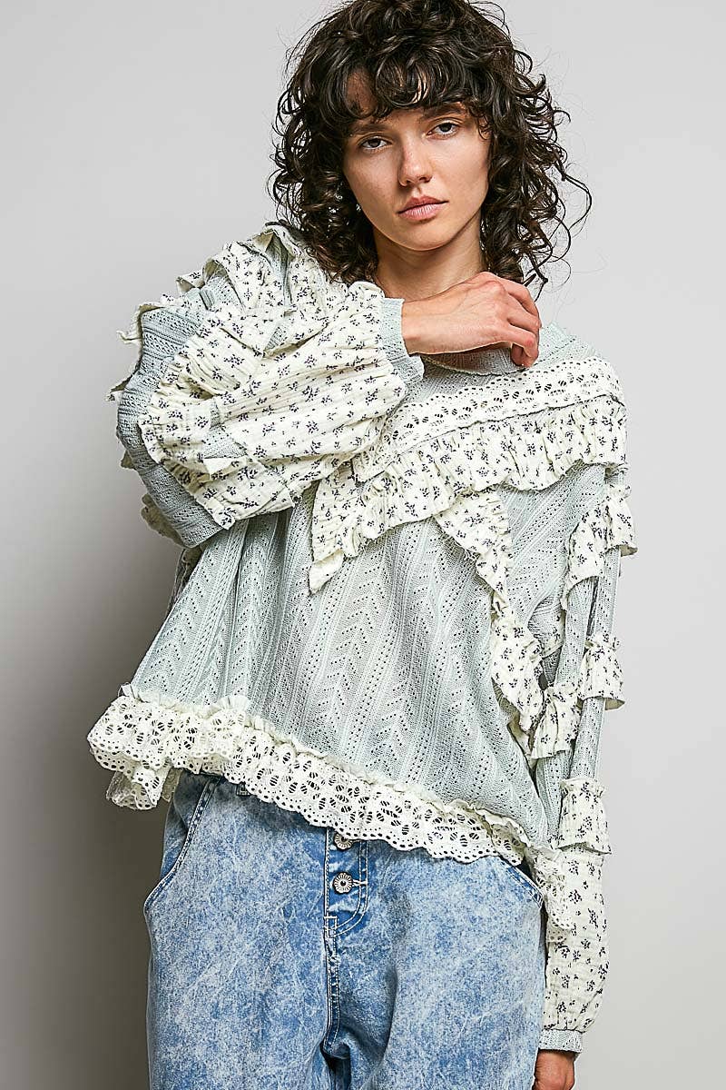 Chevron Knit Lace Inset Ruffle Long Sleeve Top