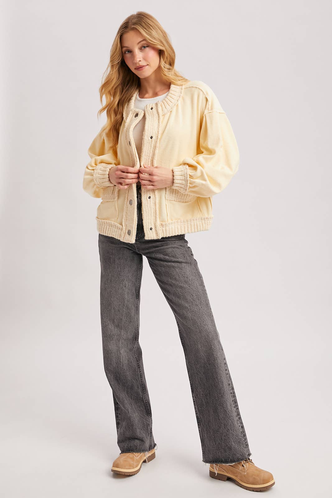 BUTTON DOWN RIBBED KNIT TRIM CARDIGAN