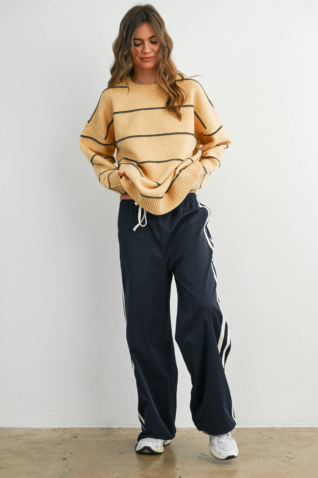 Striped Pattern Drop Shoulder Sweater - BMW7421: TAUPE MULTI / M