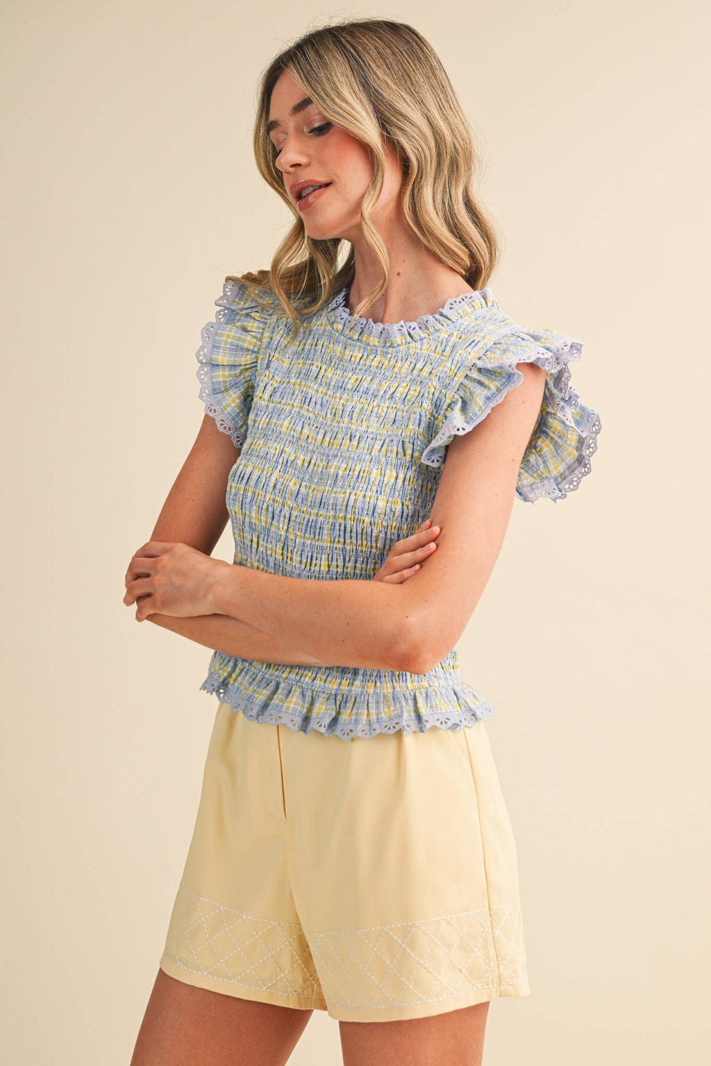 PLAID SMOCKED LACE TRIM TOP: BLUE MULTI CHECKER