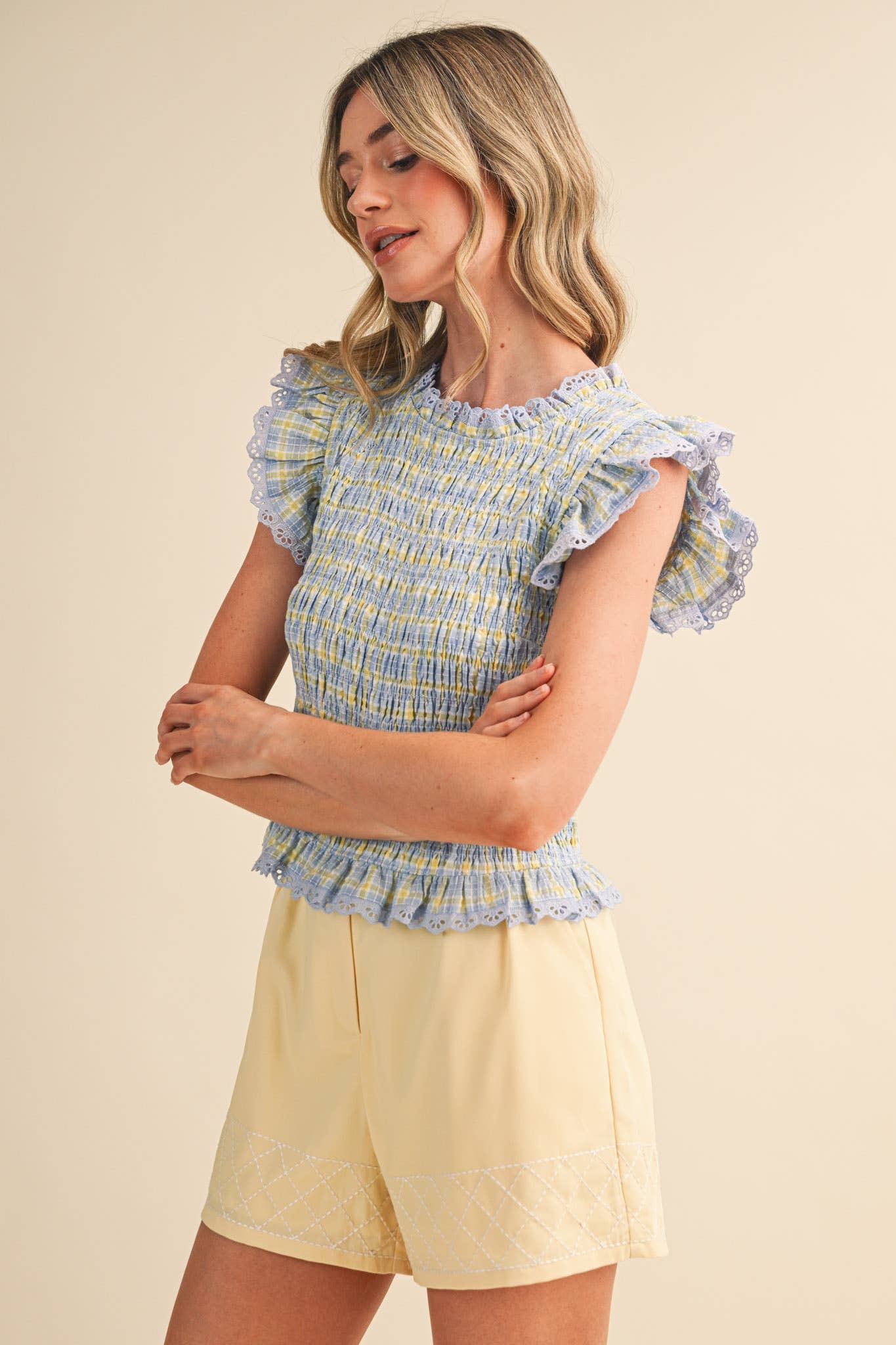 PLAID SMOCKED LACE TRIM TOP: BLUE MULTI CHECKER