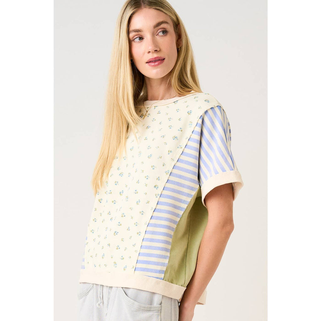 PATCHWORK COLOR BLOCK SHORT SLEEVE TOP: CREAM