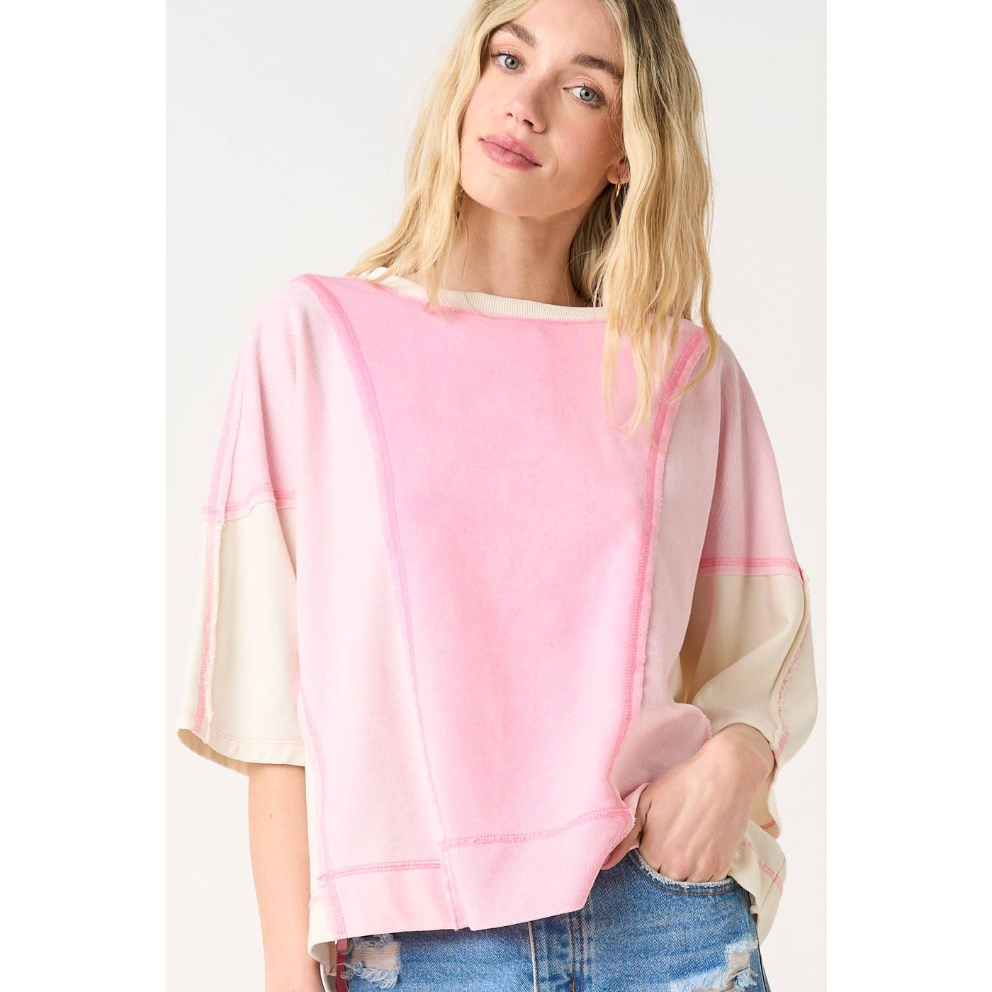 MINERAL WASH COLOR BLOCK RELAXED FIT SHORT SLEEVE TOP: SEAGLOW