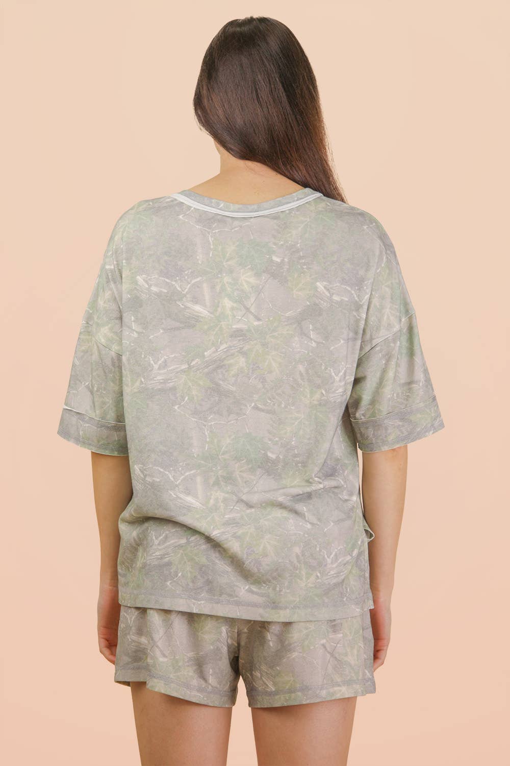 Camo Print Casual Knit Top & Shorts Set: OLIVE MIX