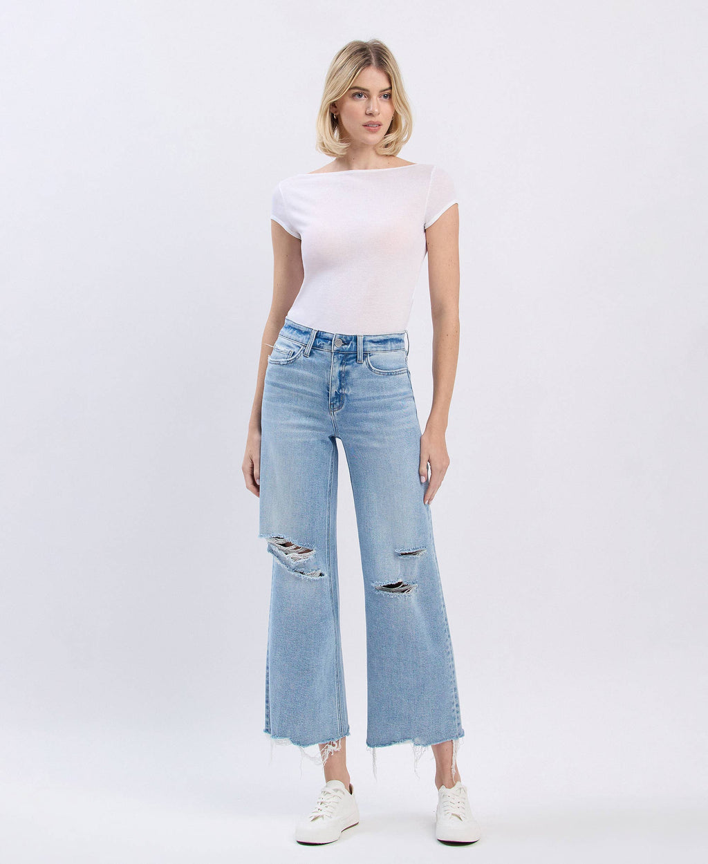 HIGH RISE DISTRESSED CROP WIDE JEANS