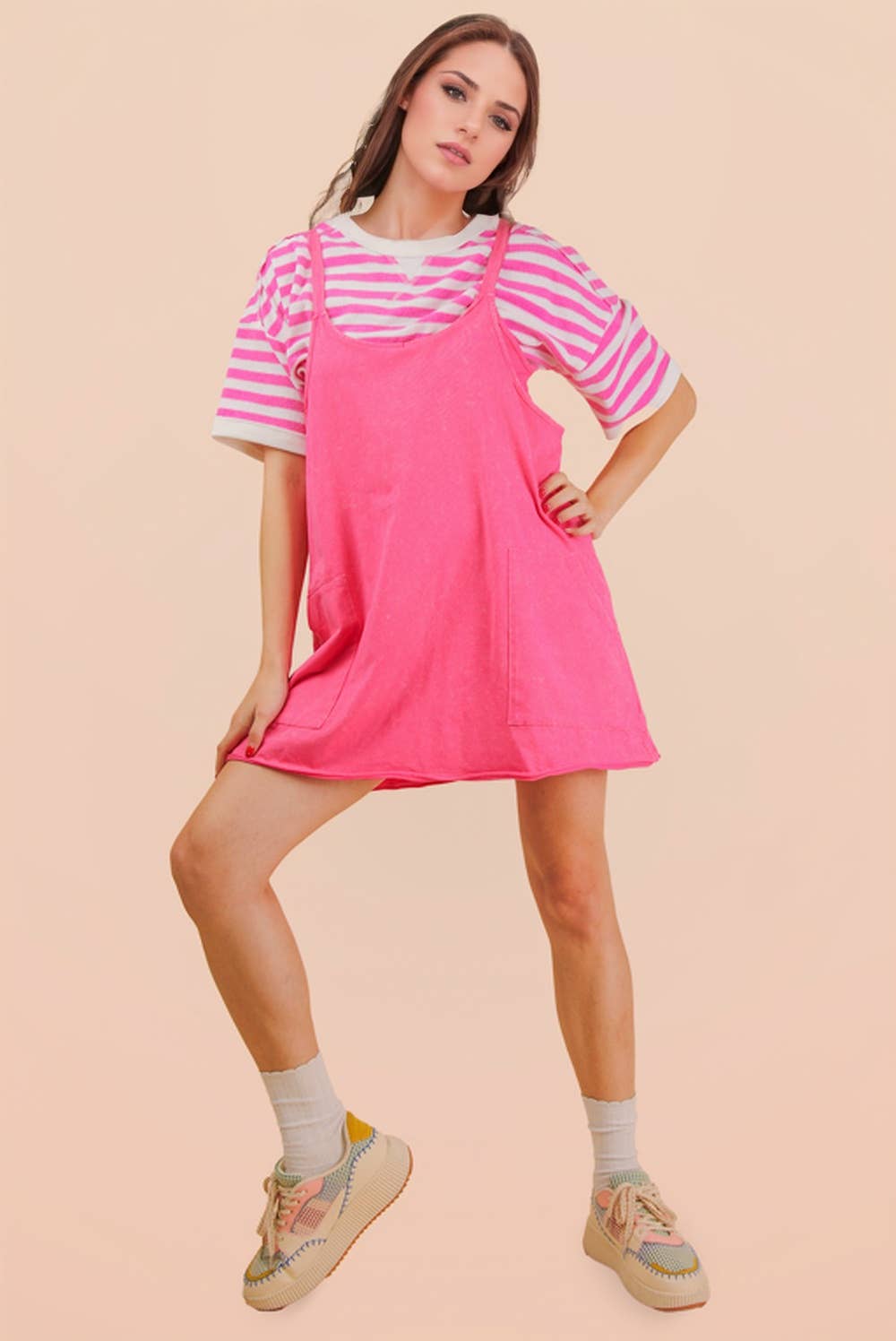 Mineral Washed Knit Mini Dress with Shorts Inside : HOT PINK