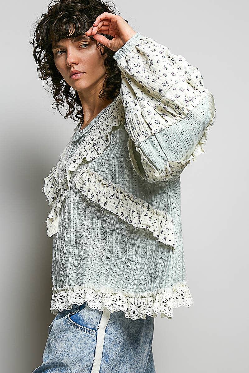 Chevron Knit Lace Inset Ruffle Long Sleeve Top