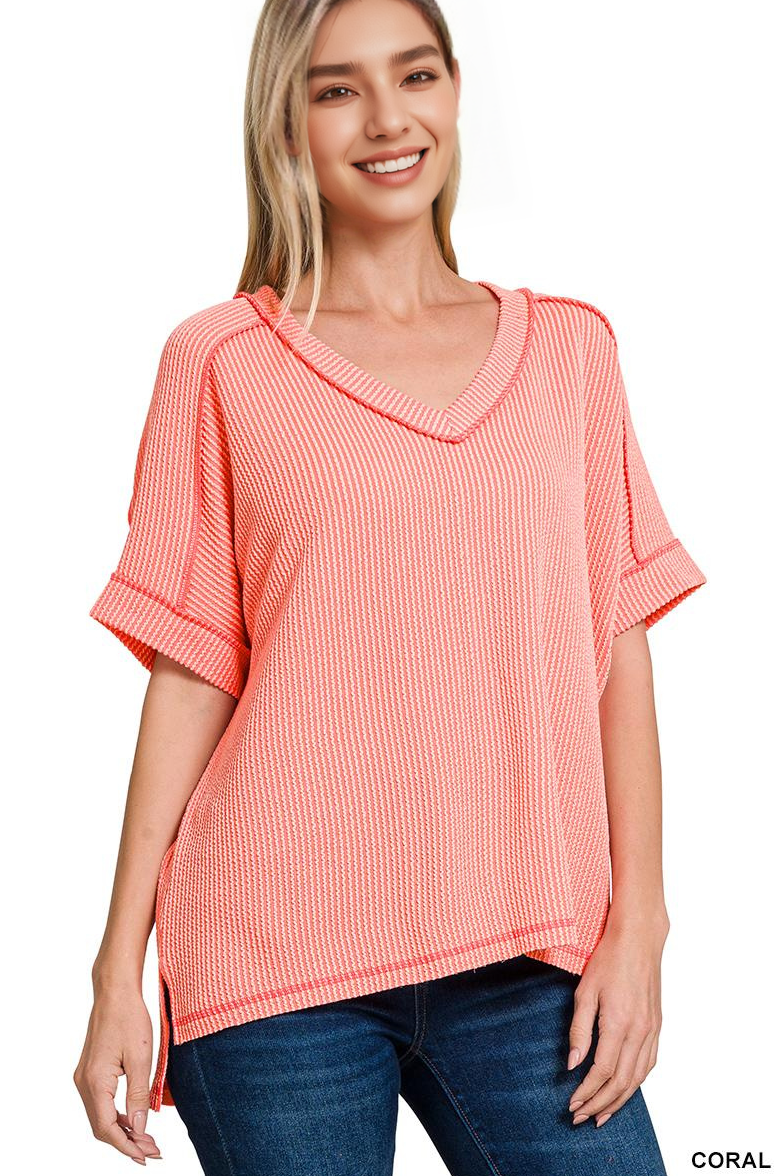 Corded Rib Short Sleeve Hi Low V Neck Top: BRIGHT BLUE