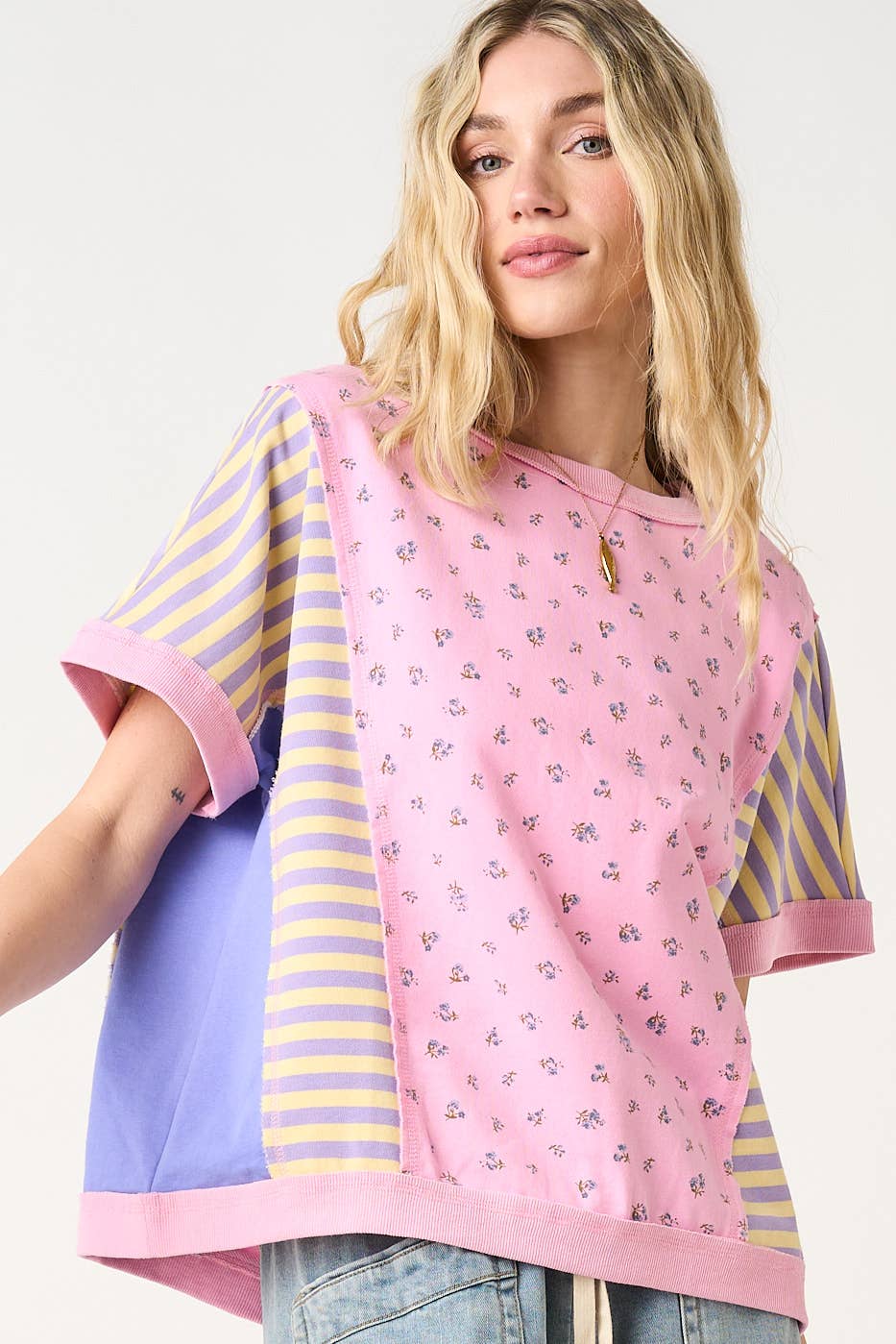 PATCHWORK COLOR BLOCK SHORT SLEEVE TOP: CREAM