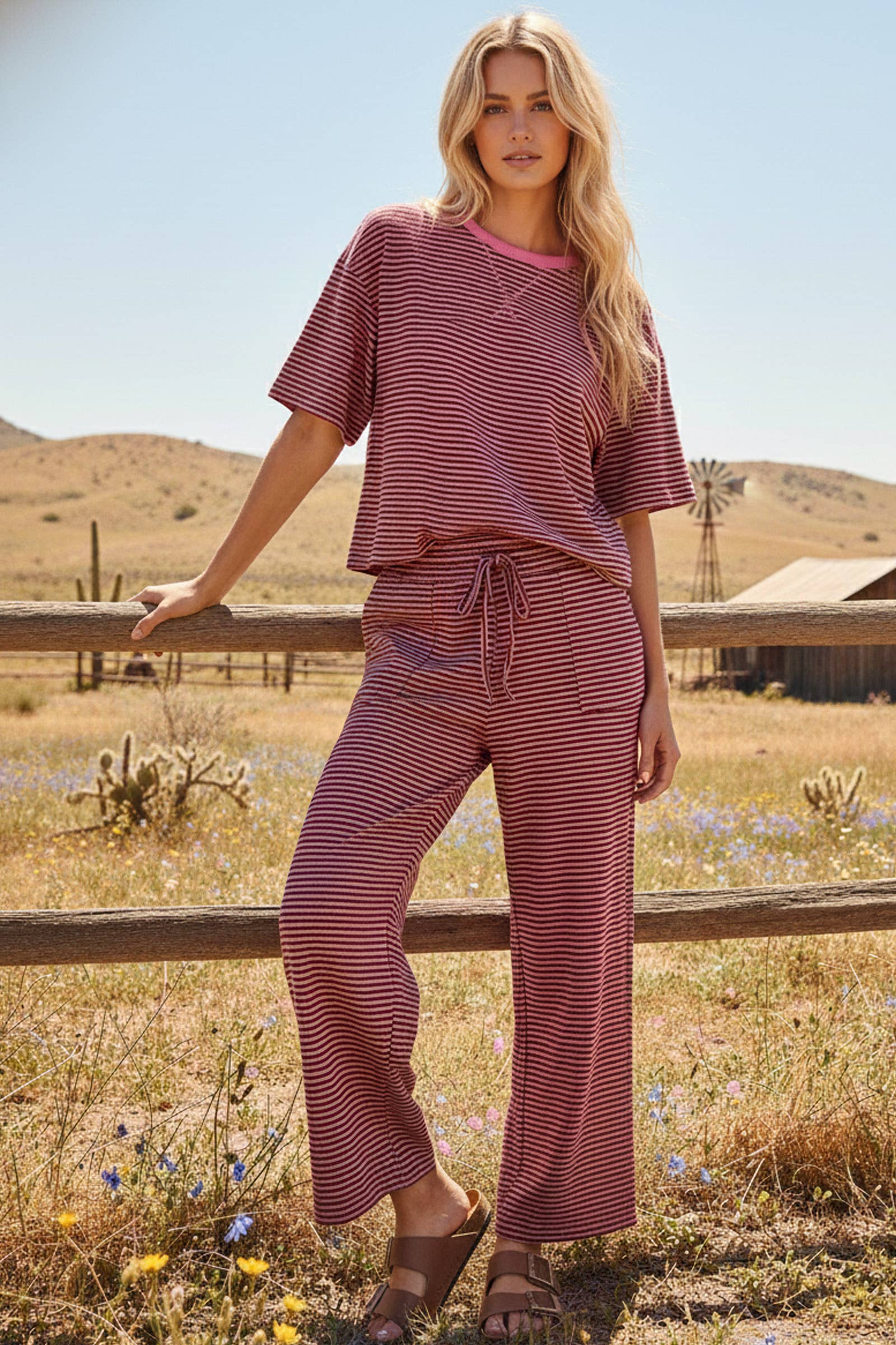 Striped Knit Top and Pants Set: PINK/BROWN