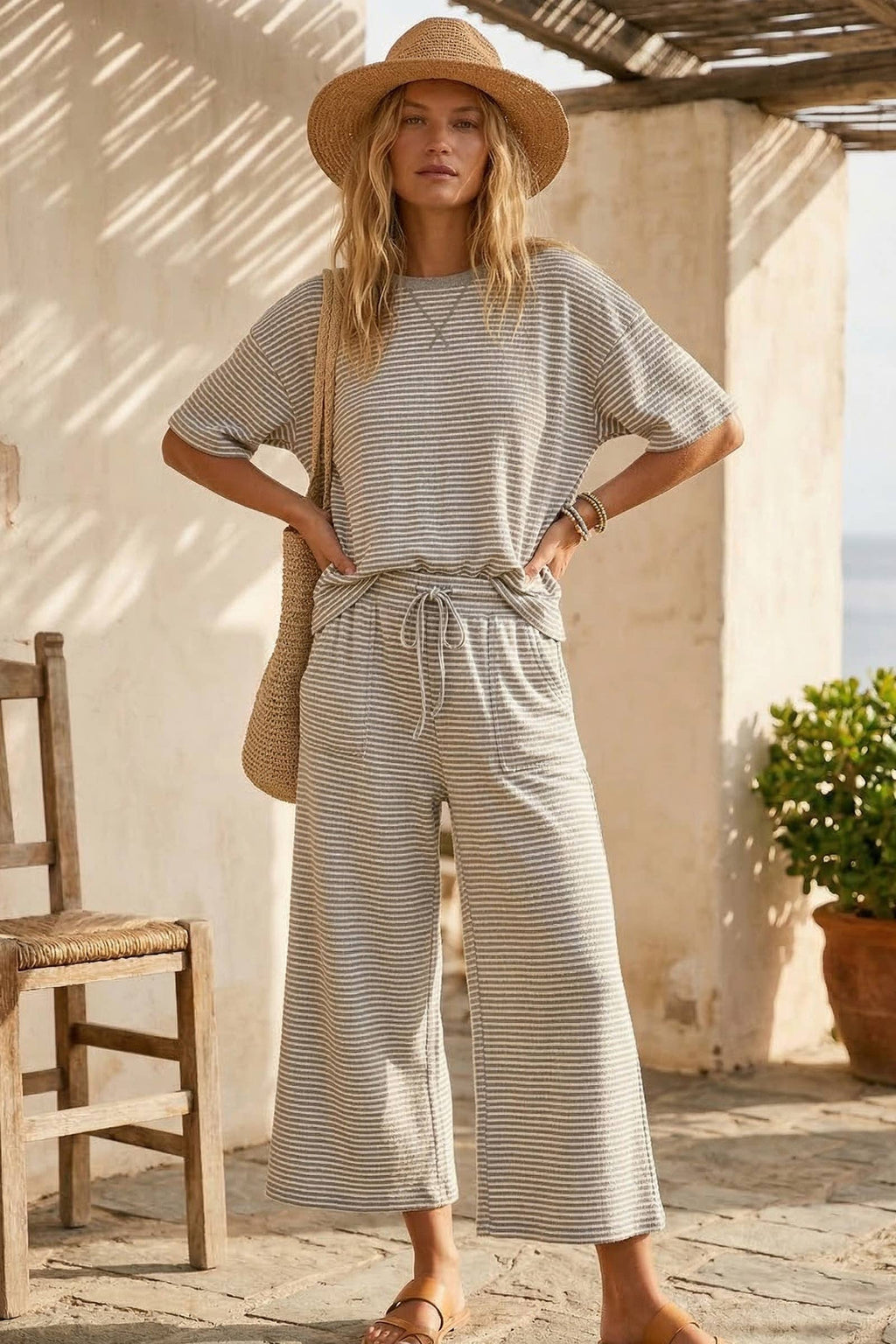 Striped Knit Top and Pants Set: PINK/BROWN
