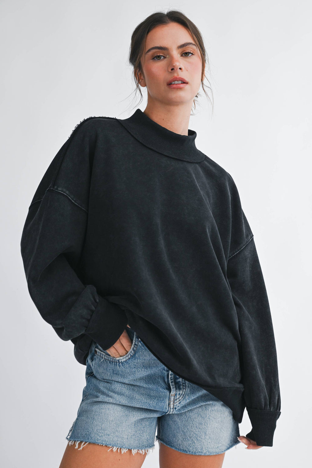 Oversized Mock Neck Washed Sweatshirt: Electric Pink