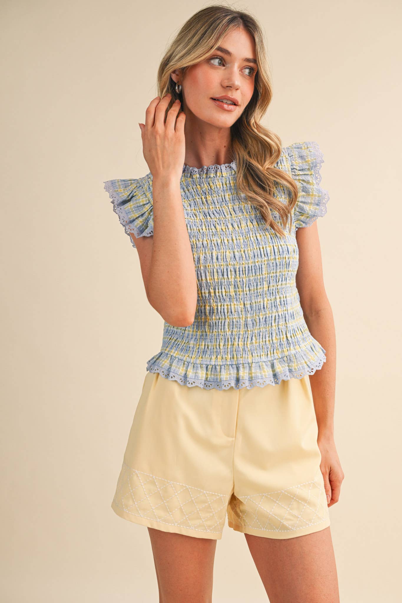 PLAID SMOCKED LACE TRIM TOP: BLUE MULTI CHECKER