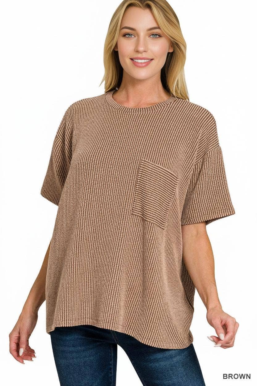 Corded Rib  Short Sleeve Front Pocket Top