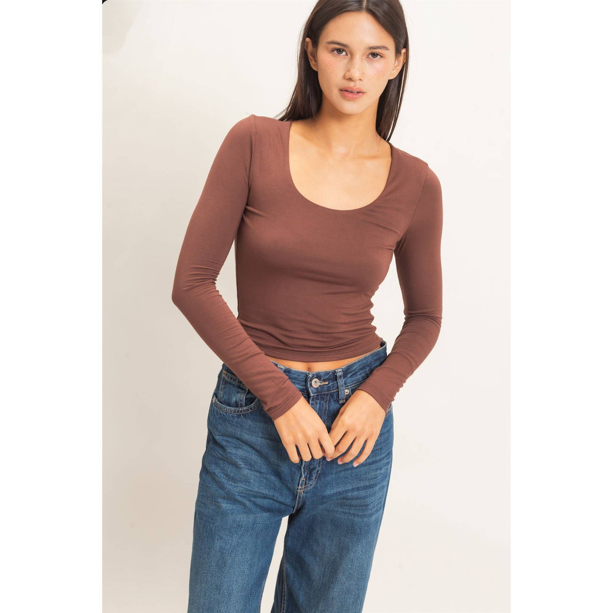 Scoop Neck Long Sleeve Top: DARK BROWN