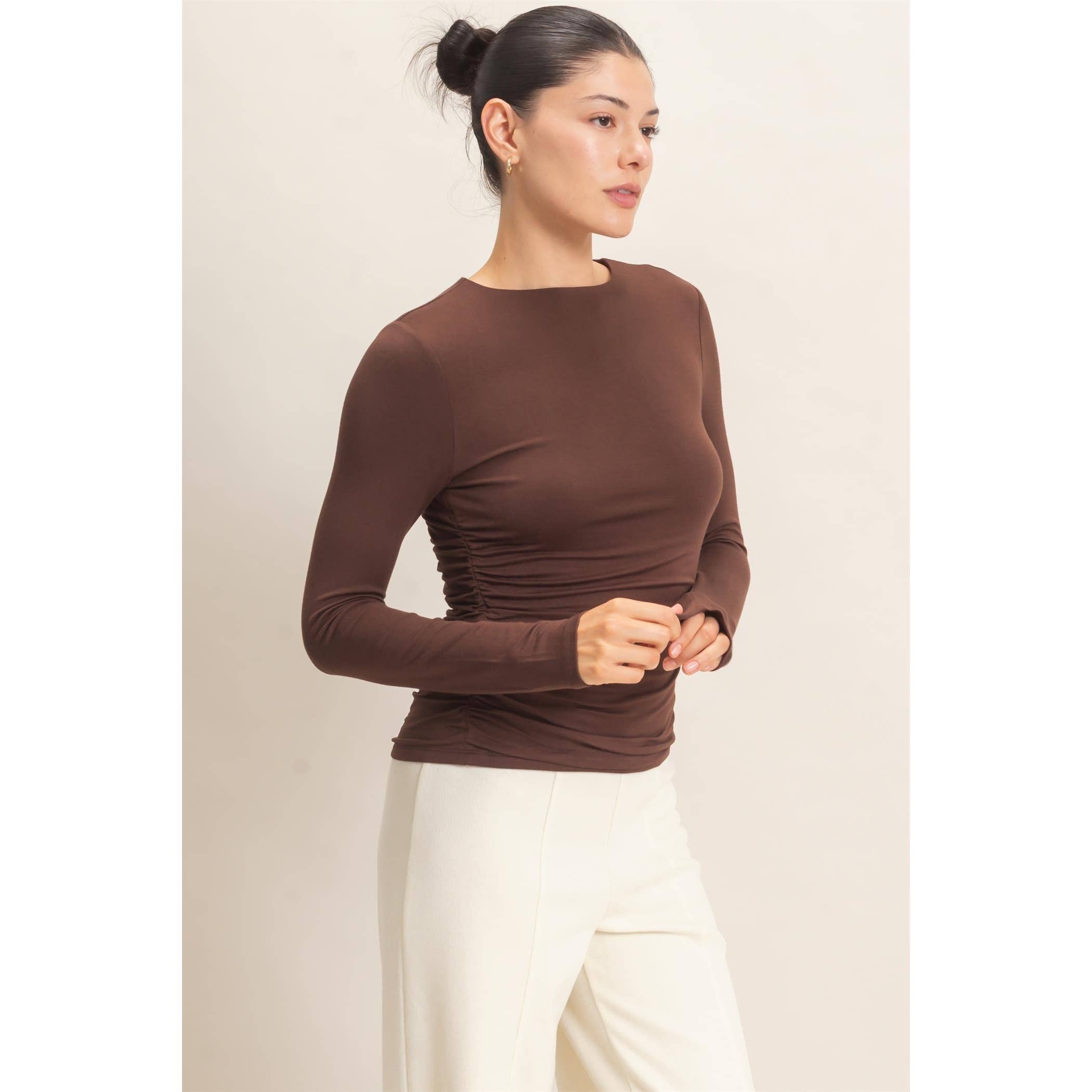 Ruched Long Sleeve Top: BLACK /