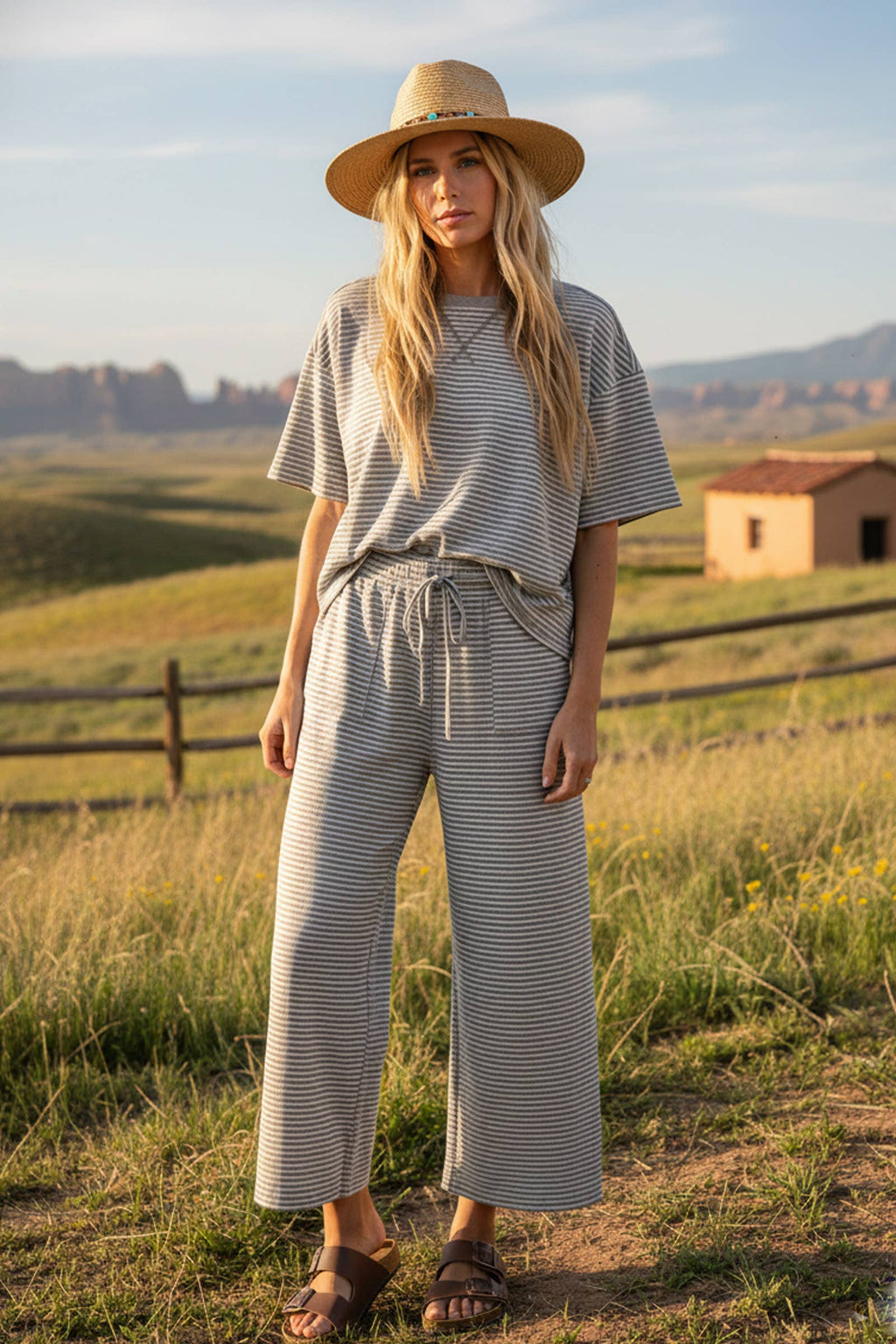 Striped Knit Top and Pants Set: PINK/BROWN