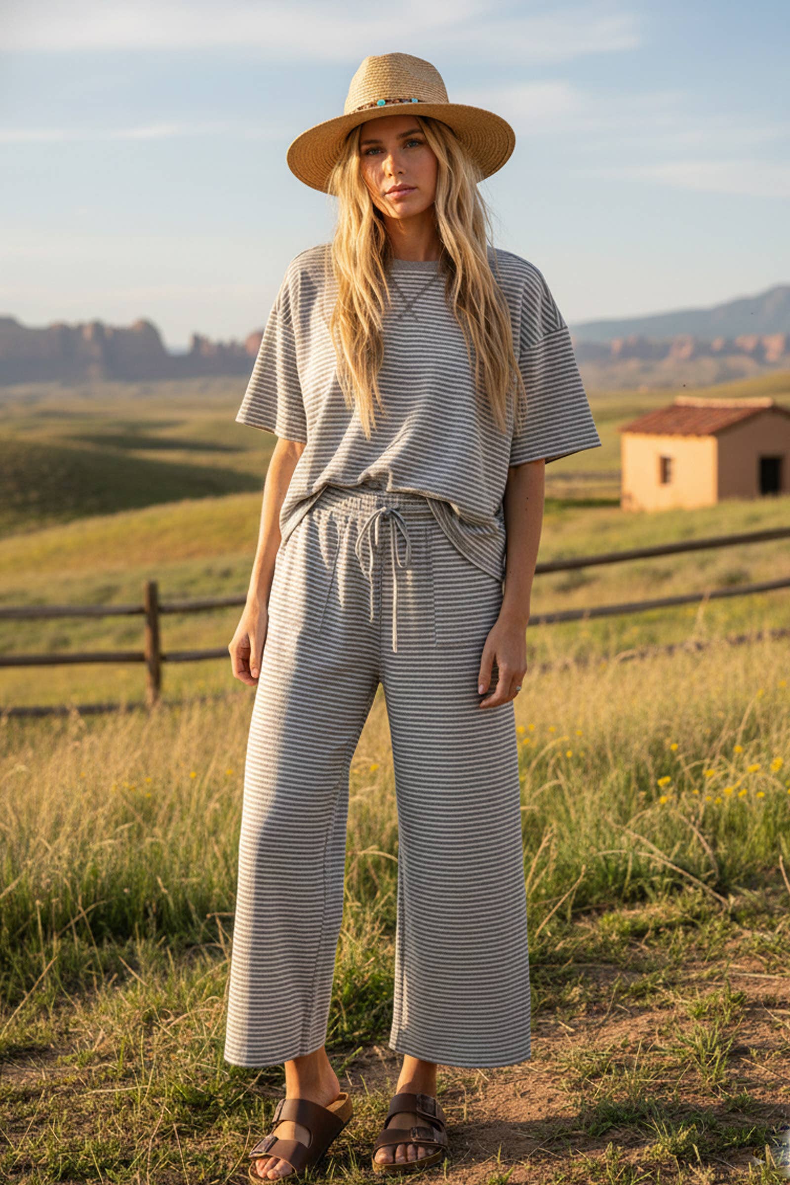 Striped Knit Top and Pants Set: PINK/BROWN