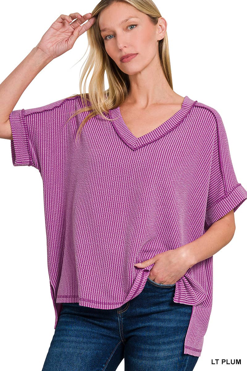 Corded Rib Short Sleeve Hi Low V Neck Top: BRIGHT BLUE