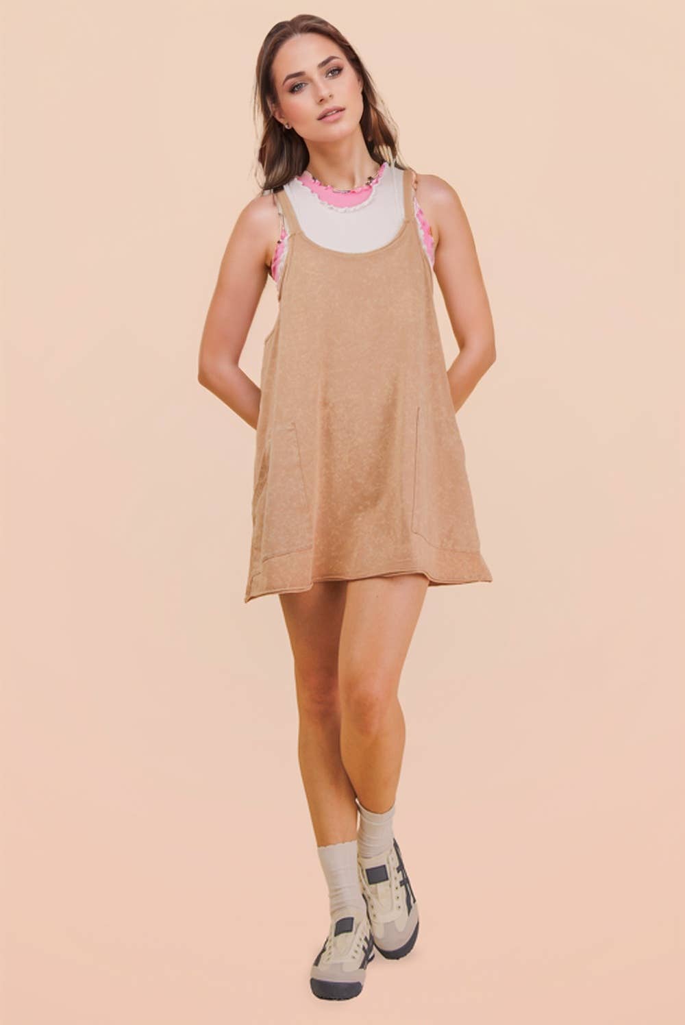 Mineral Washed Knit Mini Dress with Shorts Inside : HOT PINK