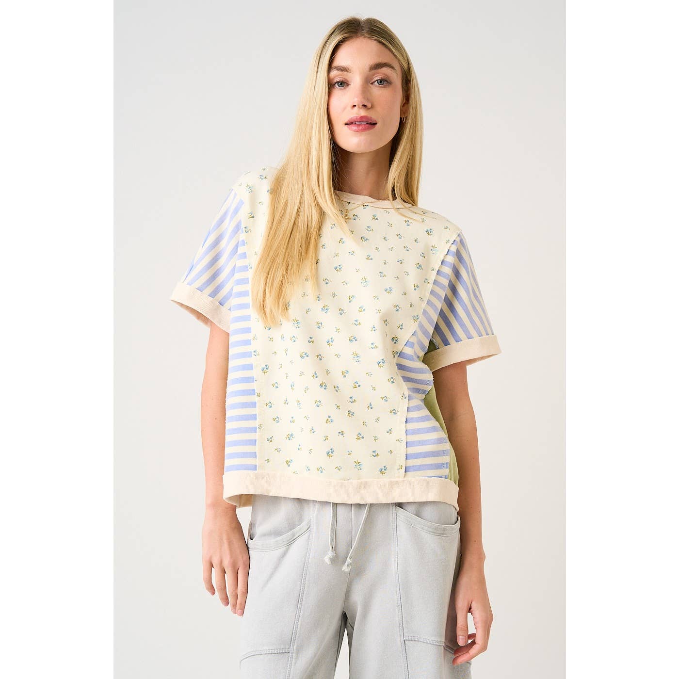 PATCHWORK COLOR BLOCK SHORT SLEEVE TOP: CREAM
